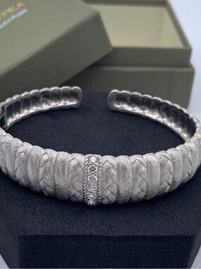 Judith Ripka Sterling Silver 925 Braided Cuff Bracelet CZ Center 6.5” QVC Era